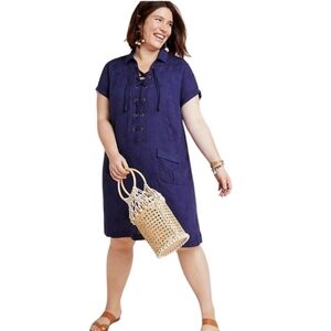 By Anthropologie Plus Size Finley Lace Up Linen Blend Shirt Dress in Blue breath
